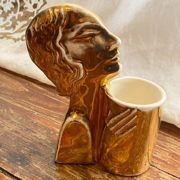 Vintage Antique Art Deco Woman Holding Vase Gold Ceramic Czechoslovakia 5 1/2